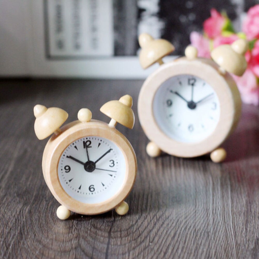 Wooden Log Twin Bell Round Alarm Clock Silence Travel Small Table Clocks Snooze Function Home Decor Ornaments