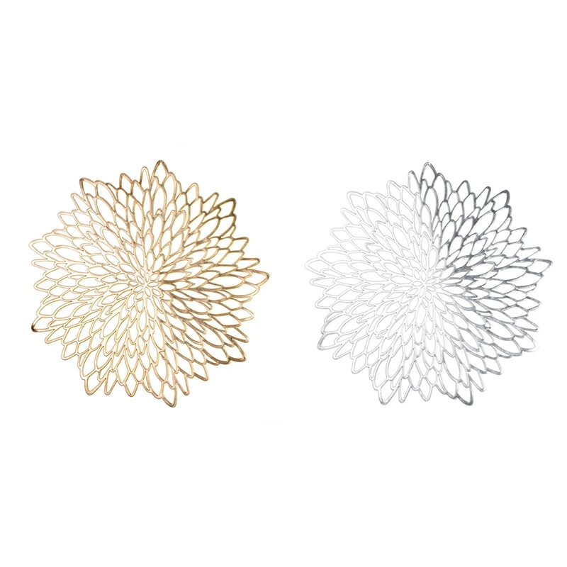 6PCS PVC Placemat for Dining Table Lace Round Embroidery table place mat Hollow Pad Coaster Pads Table Bowl Mats Gold Silver
