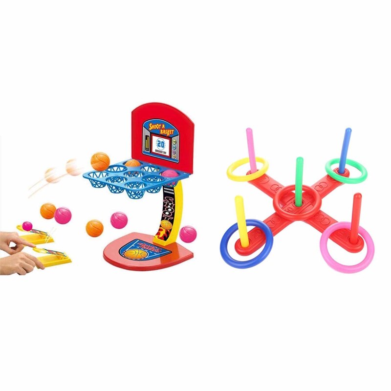 1 Set Ring Toss Game Quoits Hoopla Set Quoits Pegs Rope Target Kids Garden Party & 1 Set Kid'S Desktop Game Mini Shooting Basket