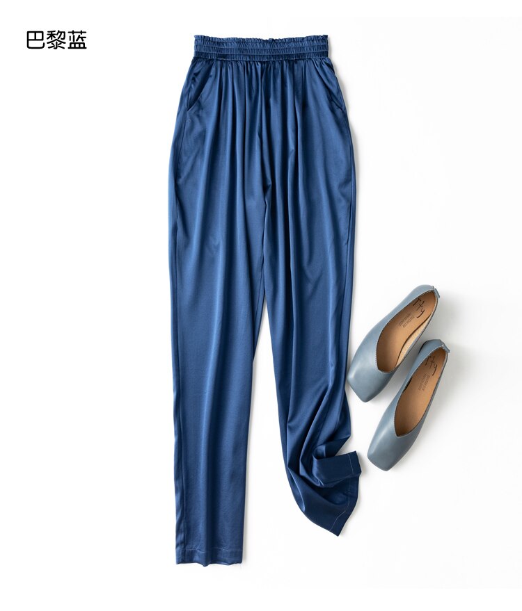 Vrouwen 93% Zijde 7% Spandex Satijn Zijde Lange Broek Broek Harembroek Mode Elastische Taille Vele Kleuren L1013: paris blue