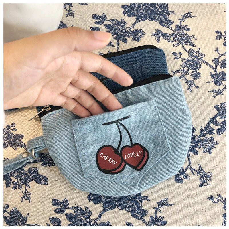 Women Denim Cloth Cartoon Cherry Pattern Ladies Casual Mini Bag Students Female Small Handbag