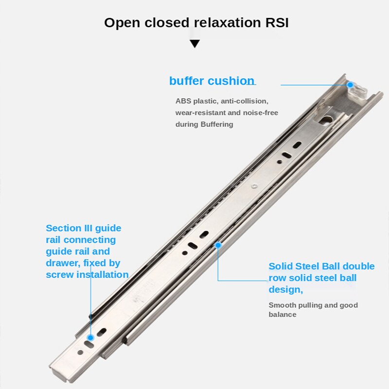 2Pcs Metal Stainless Steel Drawer Slides 10-22" Track Width 45mm Mute Three-Section Rail Sliding Furniture Hardware Fittings