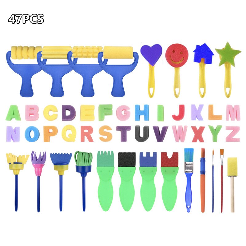 DIY Children Painting Foam Sponge Brush Apron Moulds Tools Kit Kids Early Art Education Learning Drawing Graffito Tools: 47pcs toys gift