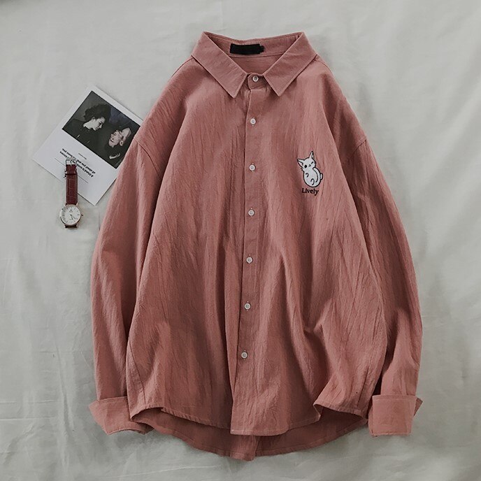 Long Sleeve Shirts Men Casual Japanese Style Shirt Mens Blouse Embroidered Pink Plus Size Students Clothes Aesthetic Blouses: Pink / XXL