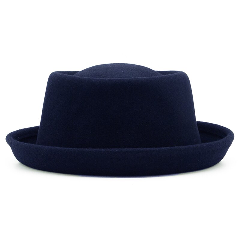 100% Wool Felt Pork Pie Hat Women Men Fedora Curved Brim Crushable Woolen Hats: Navy