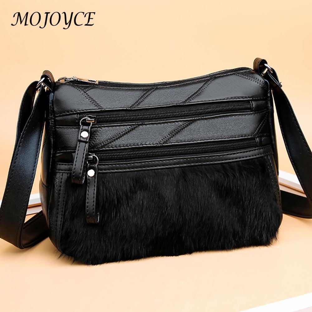 Mode Vrouwen Schouder Sling Zakken Pu Leer Pluche Spicing Multi-Pocket Rits Elegante Messenger Handtas Toevallige Crossbody Tas