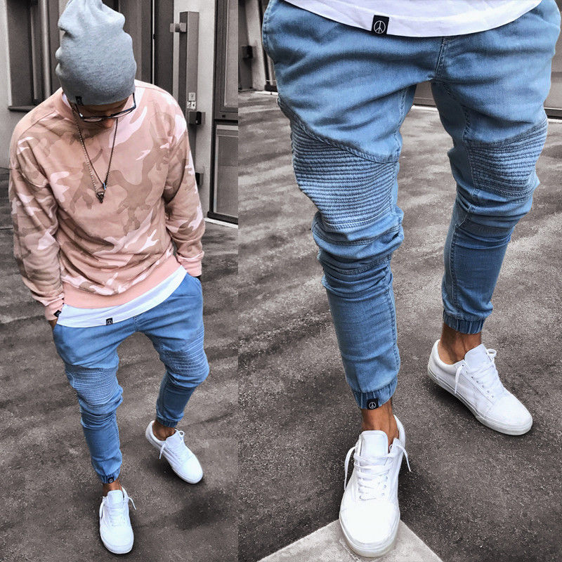 Jean Slim pour hommes, pantalon sarouel en Denim extensible déchiré et détruit par le motard, pantalon sarouel à taille élastique pour hommes, collection survêtement