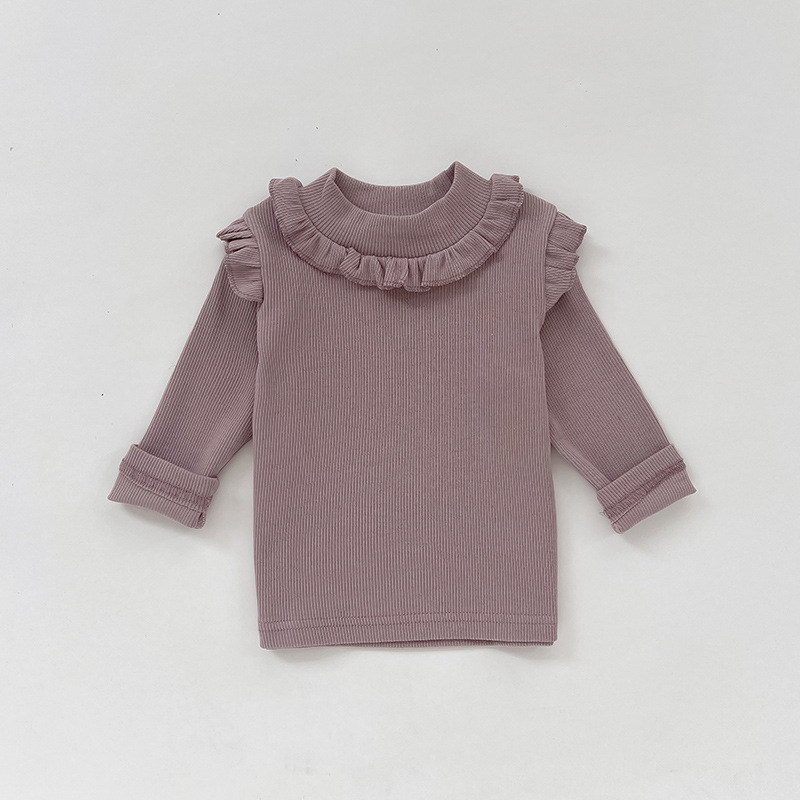 Laatste Kid Tshirt Leuke Geplooide Lotusblad Kraag Eenvoudige Lange Mouwen Tops Meisje Katoen Zoete Prinses Slim Dieptepunt T-shirt: 24M 90cm