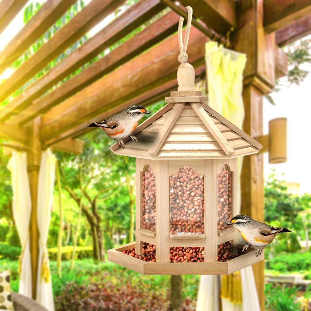 Houten Vogel Huis Vogelhuisje Opknoping Nest Feeder Met Loop Huis Tuin Yard Outdoor Huisdier Decors Hexagon Vormige Met Dak #20