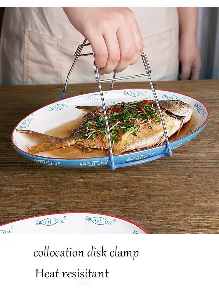 Ceramic Steamed fish plate 8/10/12inch round oval dish with disc clamp heat resisitant procelain tableware dinner set