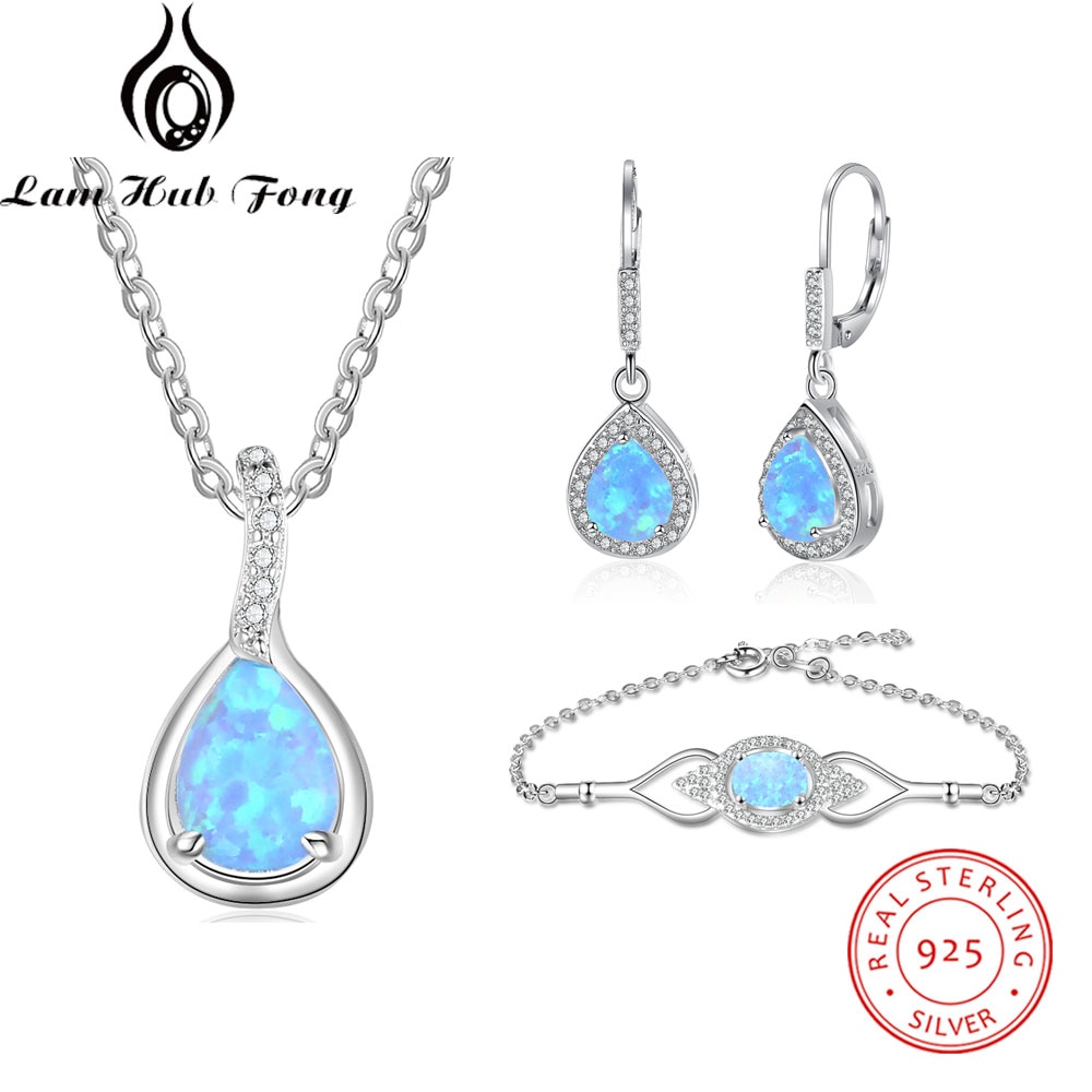 Conjuntos de jóias para As Mulheres 925 Sterling Silver Blue Square Opal Colar Pulseira Cúbicos de Zircônia Conjuntos de Jóias de Casamento (Hub Lam fong)