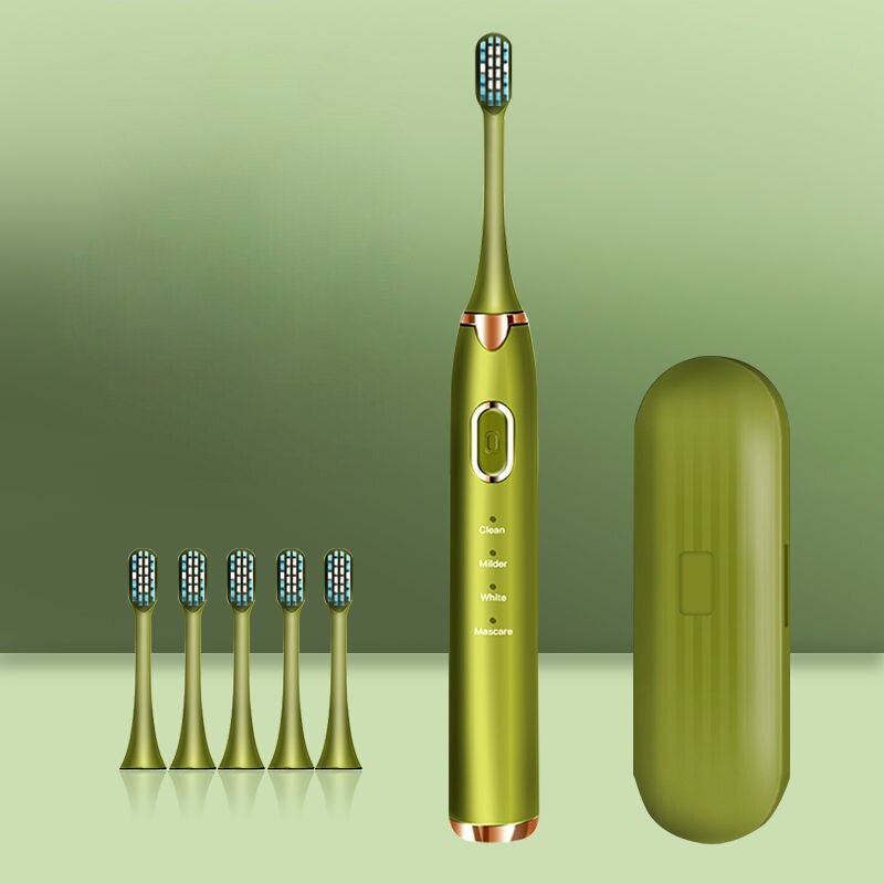 Beauty Electric Toothbrush USB Rechargeable Support 4 Modes 3 Intensions IPX7 Waterproof Adult Toothbrush Automatic Sound Wave: Avocado Green 5Bush