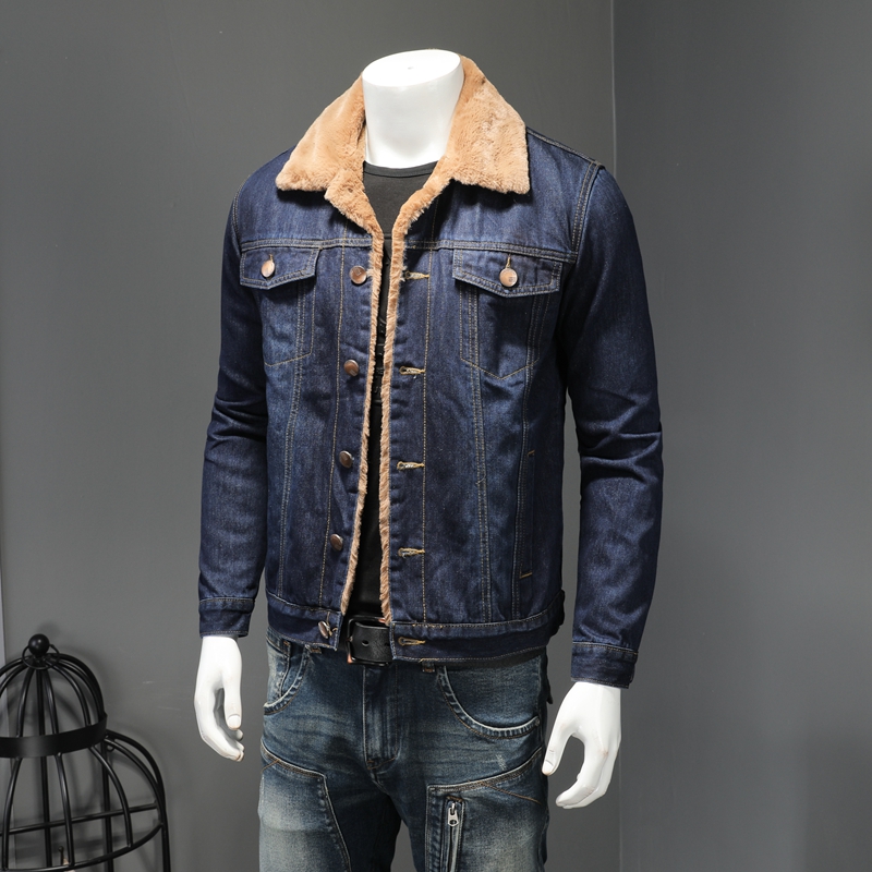 2020 Degli Uomini di inverno Giacca di Jeans Moda Uomo Casual Jeans Giacca Uomo Caldo di Spessore Denim Cappotto Maschio Collo di Pelliccia Bomber Cappotti tuta sportiva: Dark blue / 4XL