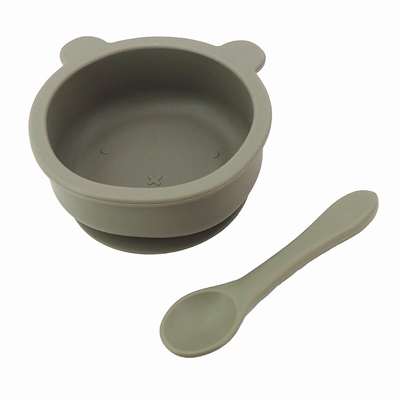 Chenkai 5Set 9 Color Baby Feeding Bowl Bear Shape Food Grade Silicone Anti-Flip Suction Tableware Infant Waterproof Bowl Spoon: Sage