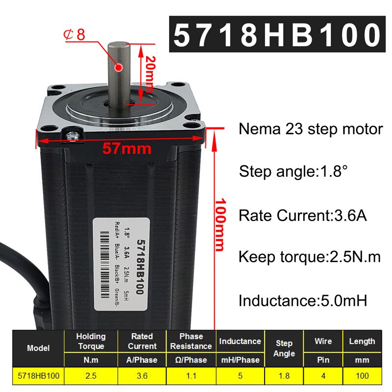 57BYG stepper motor 100mm 2 phase 1.8 degree 3.6A 2.5N.m hybrid driver motor Nema 23 Step Motor