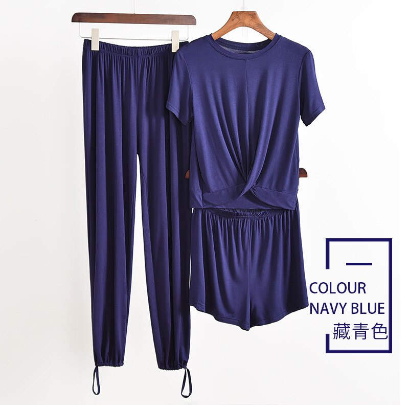 Høst modal hjemmeklær for kvinner pyjamas buksesett høst t-skjorte 3 stk hjemmeklær kvinnelige pyjamas modal lounge wear hjemmedress: Blå / L  (53-60) kg