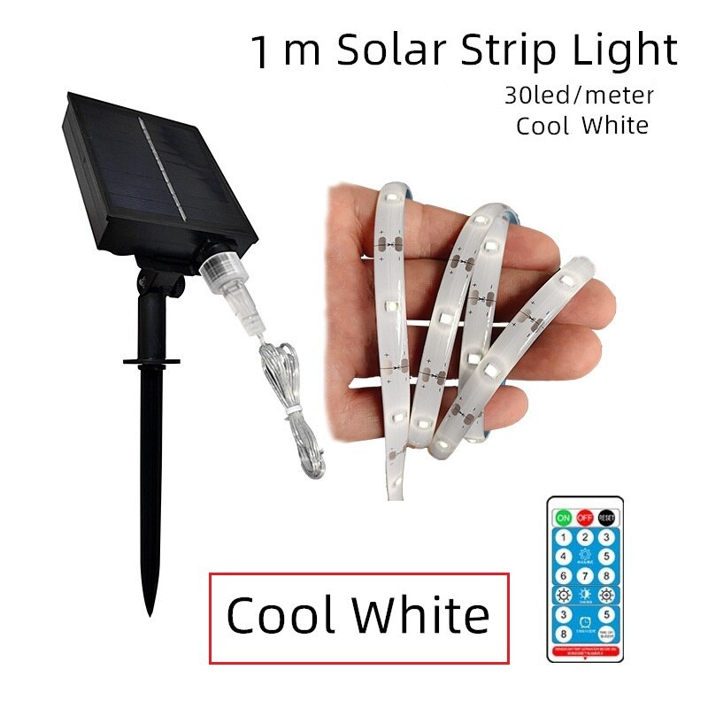 Gylbab-tiras de luces LED solares, 8 modos, Control remoto, 3 m6m12m 90, exterior, impermeable, noche, para garaje, césped y jardín: 1m cool white