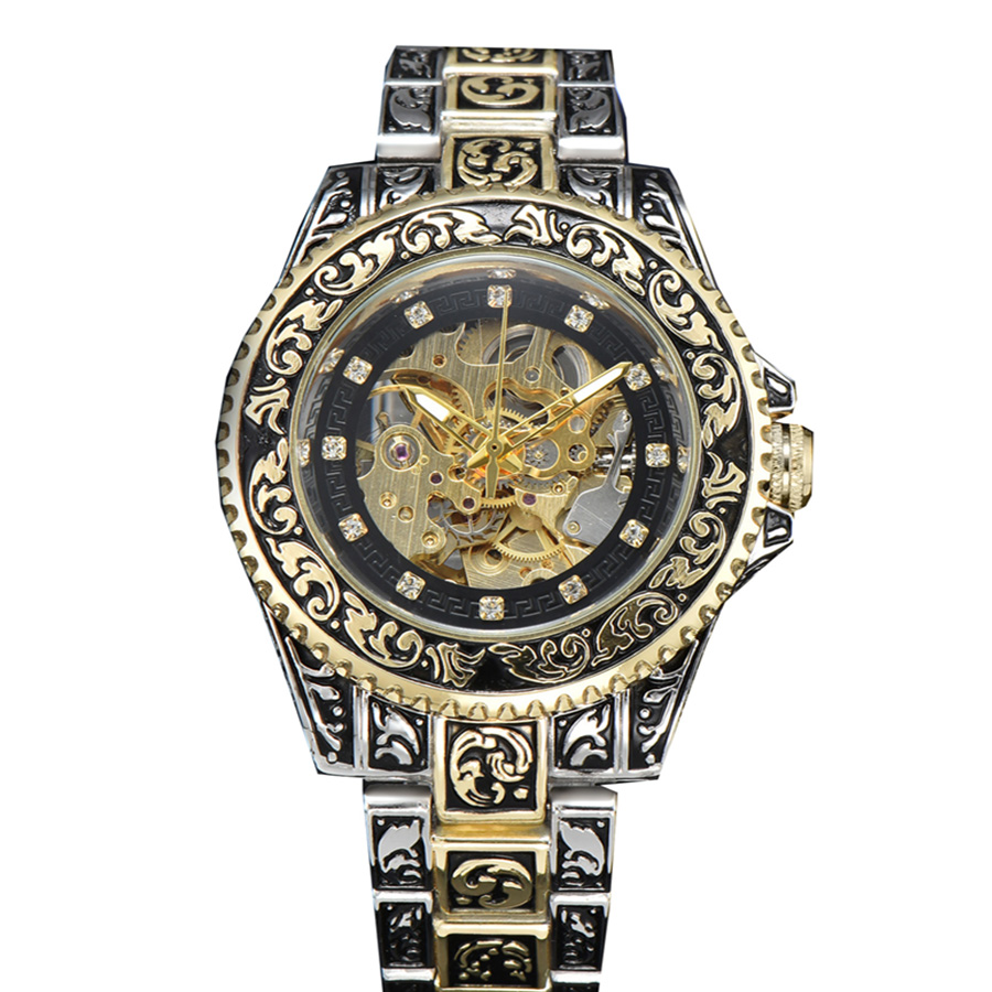 Reloj Automático LONGLUX, reloj mecánico retro de lujo, acero inoxidable tallado, resistente al agua, sin logotipo, reloj para hombre, para hombre: Oro