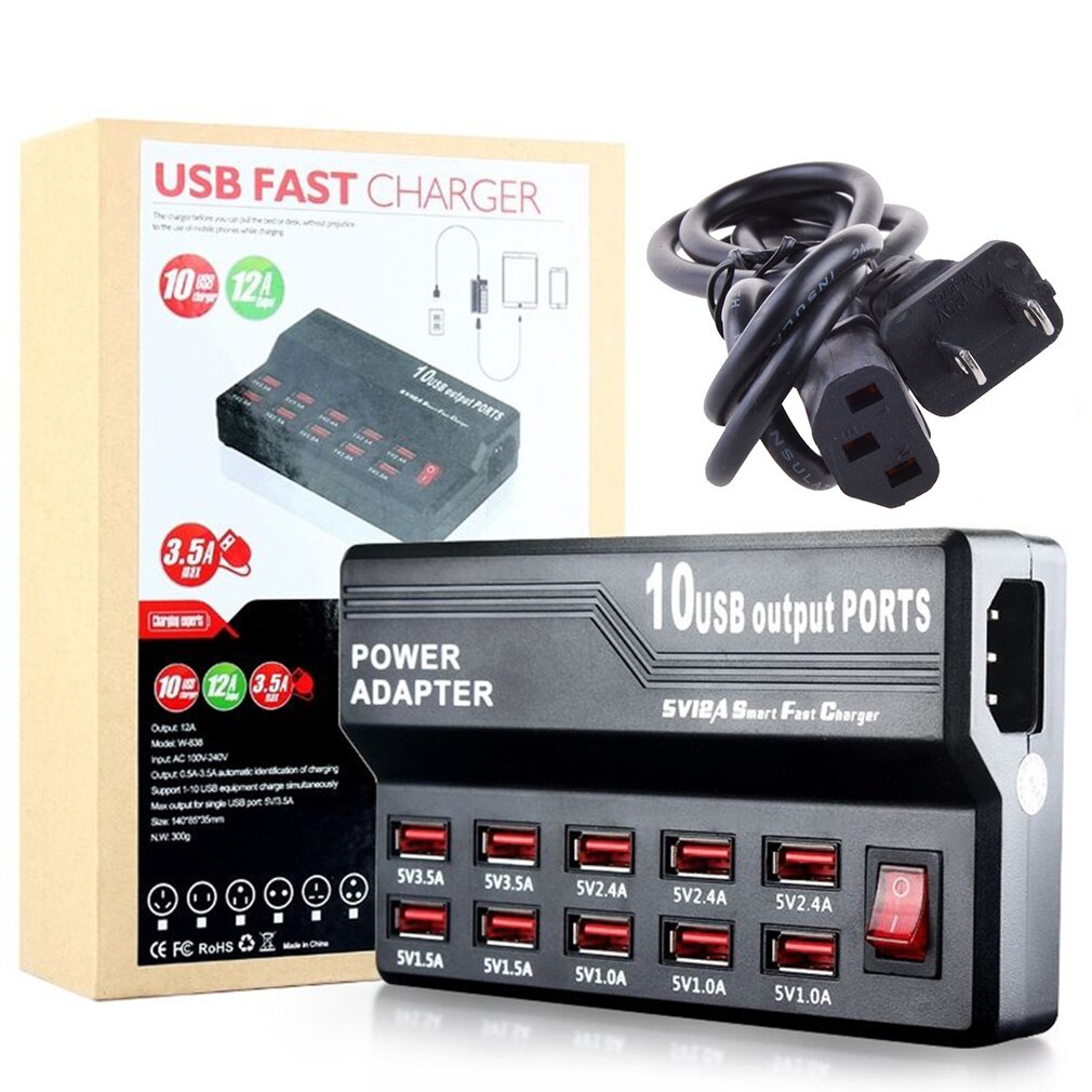 Praktische 10 -poorts usb-lader, reisadapter voor smartphone, tablet, notebook, camera, draagbare eu-stekker
