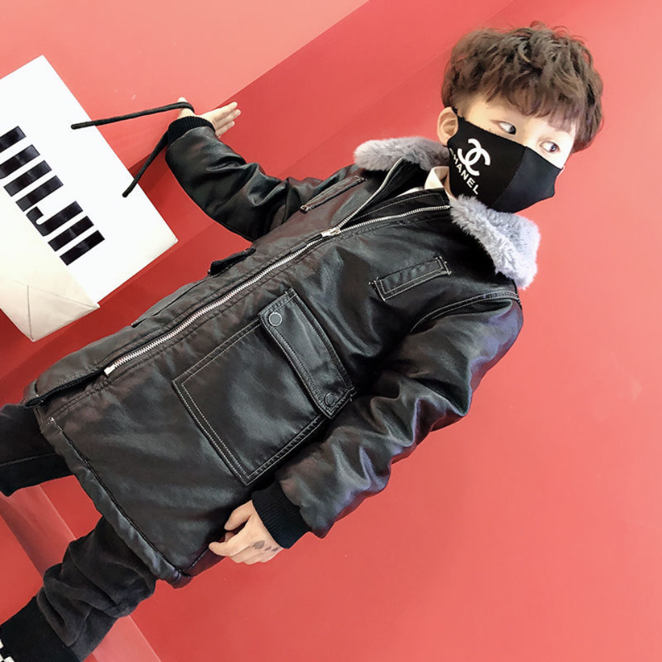 Kids Coats Boys Autumn Winter Black Color Jacket Coats Fur Collar Warm Faux Leather Thicken Outwear For 3 4 6 8 10 12 14Yrs