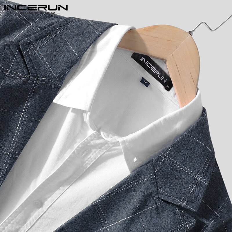 INCERUN Men Plaid Blazers Long Sleeve Turn Down Collar Streetwear Men Casual Suit Leisure Business Jackets Pockets Blazer