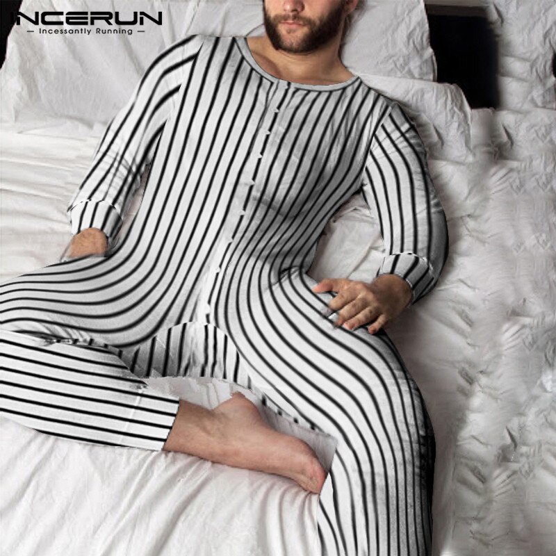 Incerun Mannen Gestreepte Pyjama Jumpsuits Lange Mouwen Button Up Leisure Homewear Rompertjes Cozy O Hals Heren Nachtkleding Overalls S-5XL