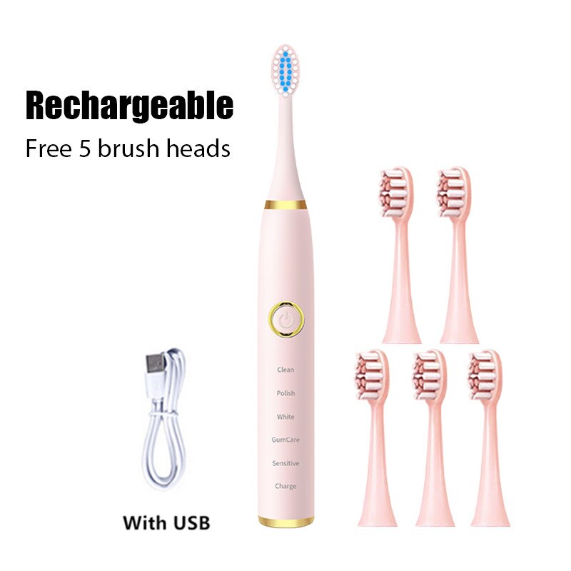 Schall- Elektrische Zahnbürsten für Erwachsene Art Clever Timer Bleichen Zahnbürste IPX7 Wasserdicht Austauschbare AA Batterie Ausführung: Rosa mit 5 Bürste