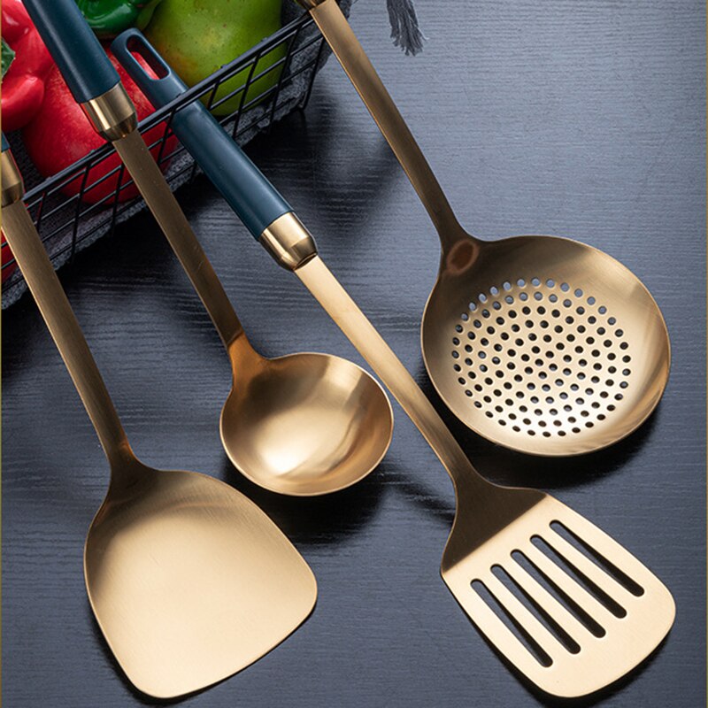 Gold Stainless Steel Kitchenware Set Nordic Luxury Kitchen Cooking Utensils Scoop Soup Spatula Ceramic Handle Non-stick Cookware