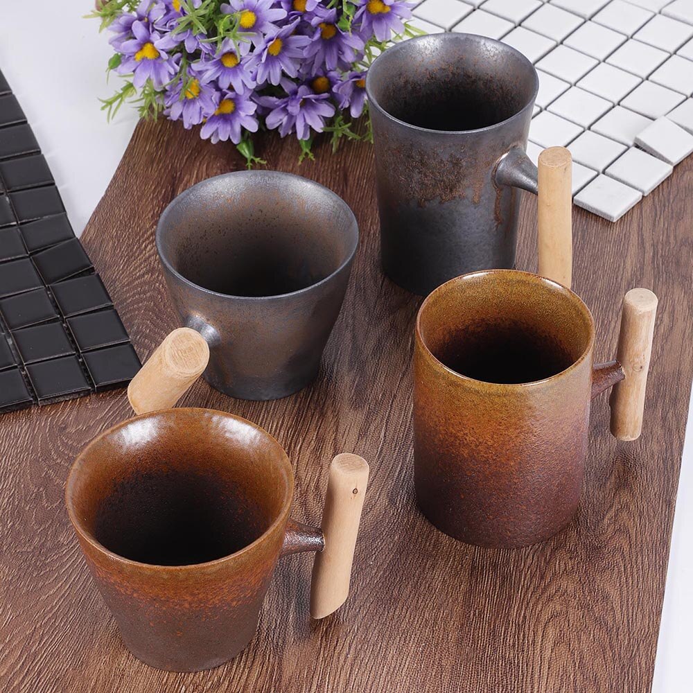 Japanese-Style Vintage Ceramic Coffee Mug Coarse Pottery Kiln Retro Water Cup Tea Milk Beer Mug With Wood Handle Home Office