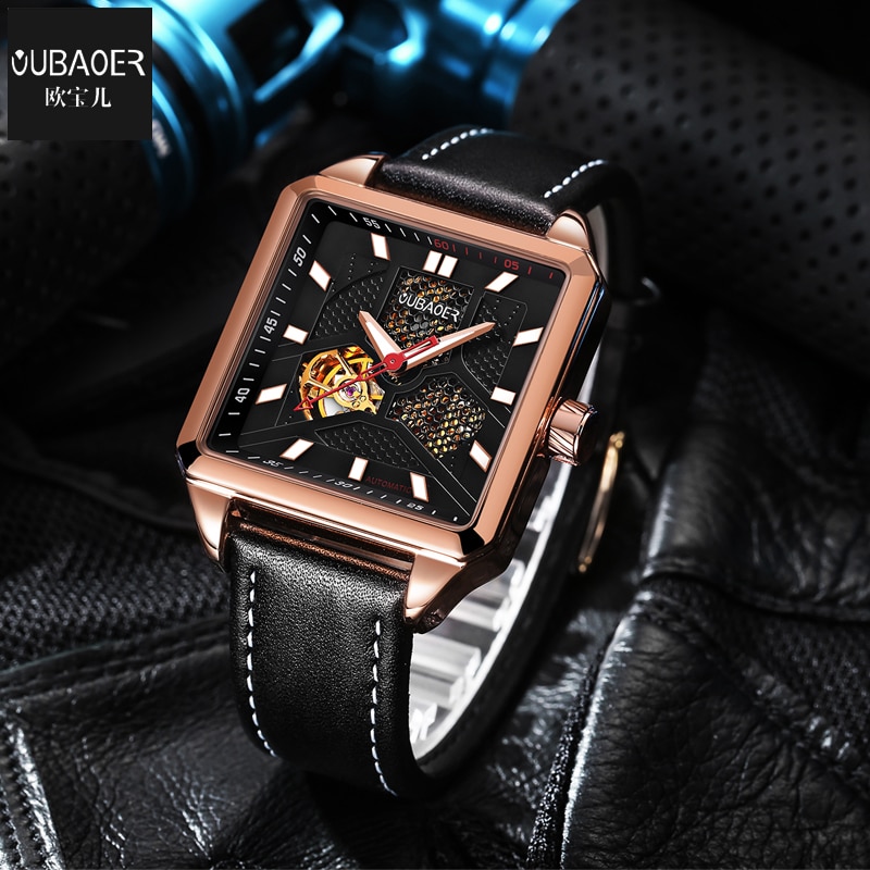 OUBAOER hommes montres mécaniques automatique auto-vent Sport cuir hommes montre-bracelet carré squelette homme mâle heure chaude