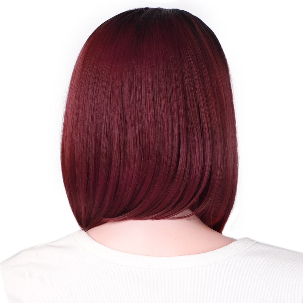 Aisi Haar 12 Inch Zijscheiding Ombre Zwart Rood Pruik Synthetische Lace Front Pruik Hittebestendige Vezel Haar Cosplay Bob pruik