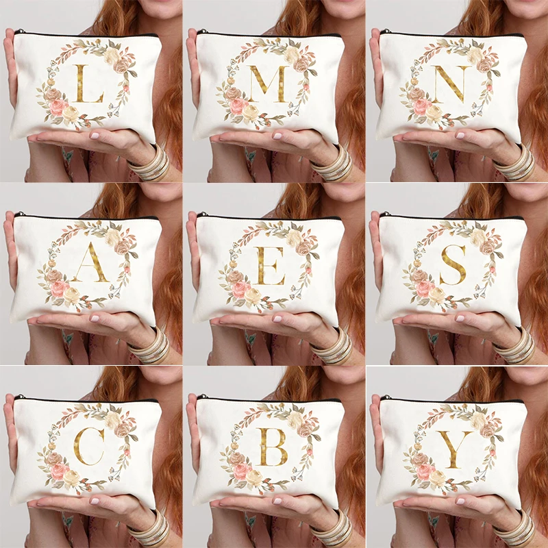 Floral Hoop Initial Zipper Makeup Pouch Travel Essentials Wedding Makeup Storage Organizer Bachelorette Party Bag for Girls