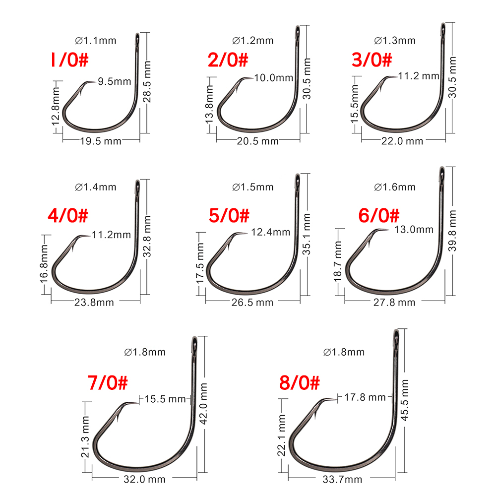 Elllv 50pcs 1/0 - 8/0 Saltwater Fishing Octopus Circle Hooks Carbon Steel Barbed Hook Snapper Flasher Sabiki Rigs Tying Hook