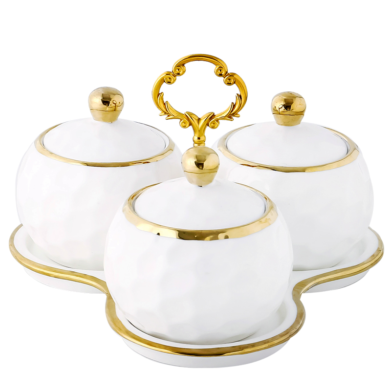 Tarro de especias de cerámica, suministros de cocina, juego de caja de condimentos para el hogar, traje de tres piezas, agitador de sal y azúcar, herramienta de almacenamiento de cocina: C