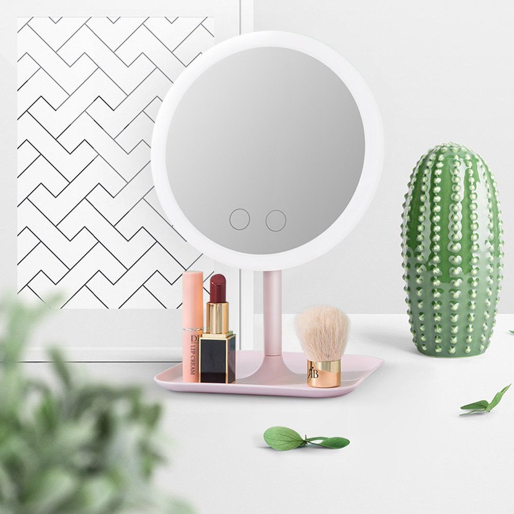 Espejo LED de sobremesa para maquillaje ligero, espejo con luz de relleno, espejo de belleza portátil inteligente con pantalla táctil opcional, brillo, carga USB