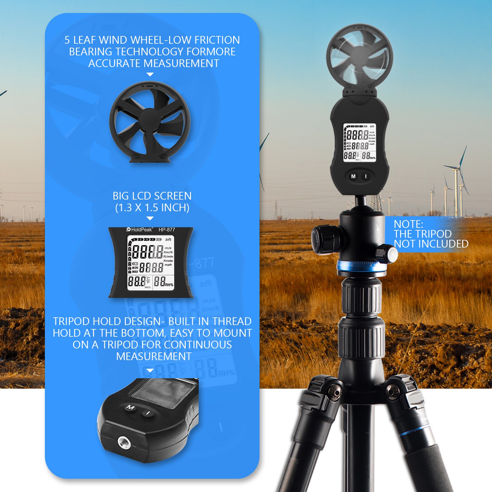 BTMETER-877 Digital Wind Speed Meter, Handheld Anemometer with LED Back-Light for Wind Speed / Wind Temperature/ Wind Humidity