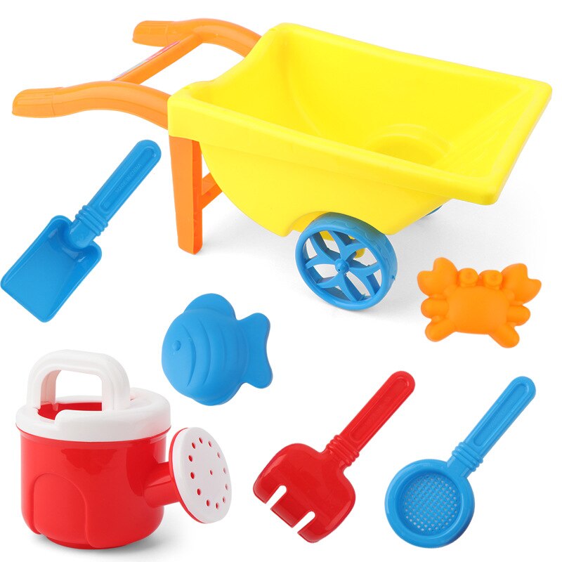 7Pcs/Set Kids Beach Toy Trolley Summer Beach Play Sand Kits Kettle Shovel Rake Mold Children Outdoor Water Fun Toys Random Color