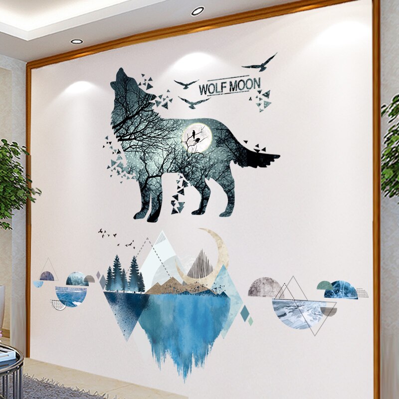 [shijuekongjian] floder bjerge wallstickers diy træ fugle vægmaleri mærkater til stue soveværelse hus dekoration: Flod og ulv 2