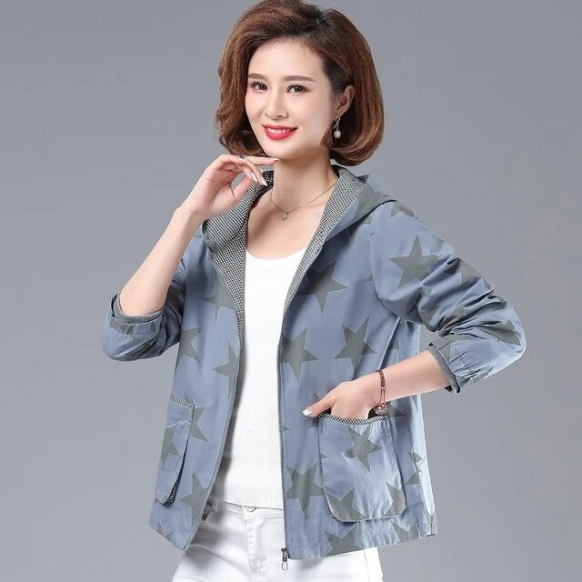 Outerwear Coat Jacket Spring Autumn Jackets Casual Women Trench Coats Star Print Splicing Hooded Coat Streetwear Windbreaker: Blue / L