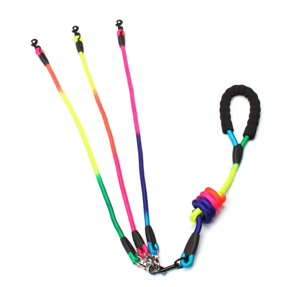 Rainbow Multi Honden Leash Nylon Afneembare Huisdier Lood Foam Handvat 1 Leash Voor 2 Of 3 Of 4 Honden ronde Trekkabel Hond Levert: Three dog leash