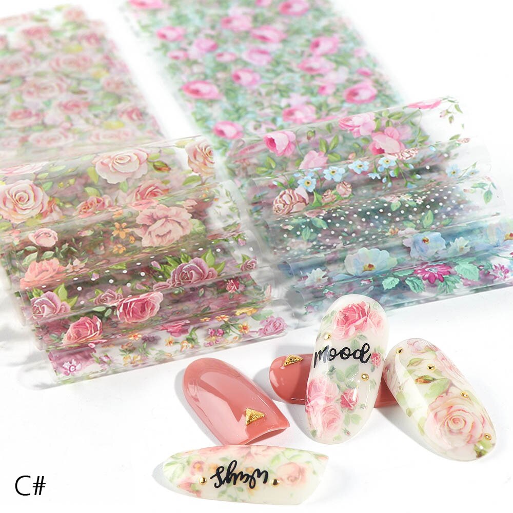 Holografisk stjärnklar nagelfolieuppsättning vit spetsblomma färggradient manikyr nail art överföring klistermärke foliedekoration dekal  sa798: C