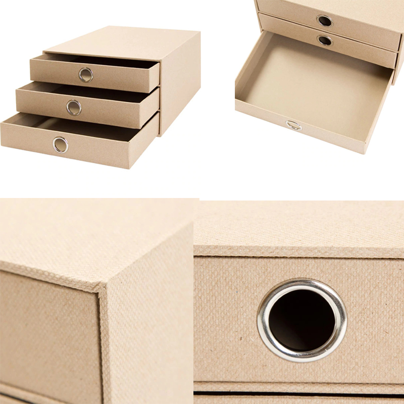3 Layers Cabinet Cardboard Office Desk Top Organizer Home Storage 3 Drawers Cabinet Beige Faux Linen Natural Paper (2PCS)