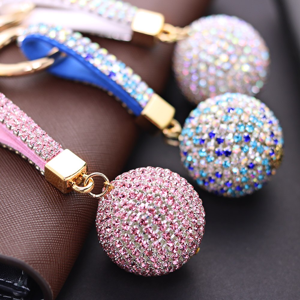 Volle Ball Kristall Keychain Strass Lederband Handtasche Geldbörse Tasche Anhänger Charme Schlüsselring Für Auto Schlüssel Kette K399