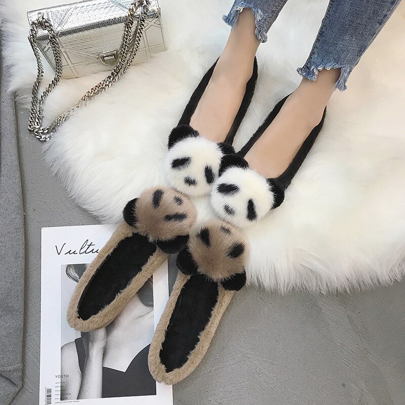 Plus size 35-43 fuskepels kvinner loafers panda plysj slip on flate sko kvinne båtsko leiligheter dyrepels varm damesko 6865
