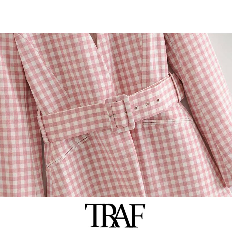 Traf kvinder kontortøj med bælte plaid blazer frakke vintage langærmede lommer kvindeligt overtøj smarte toppe