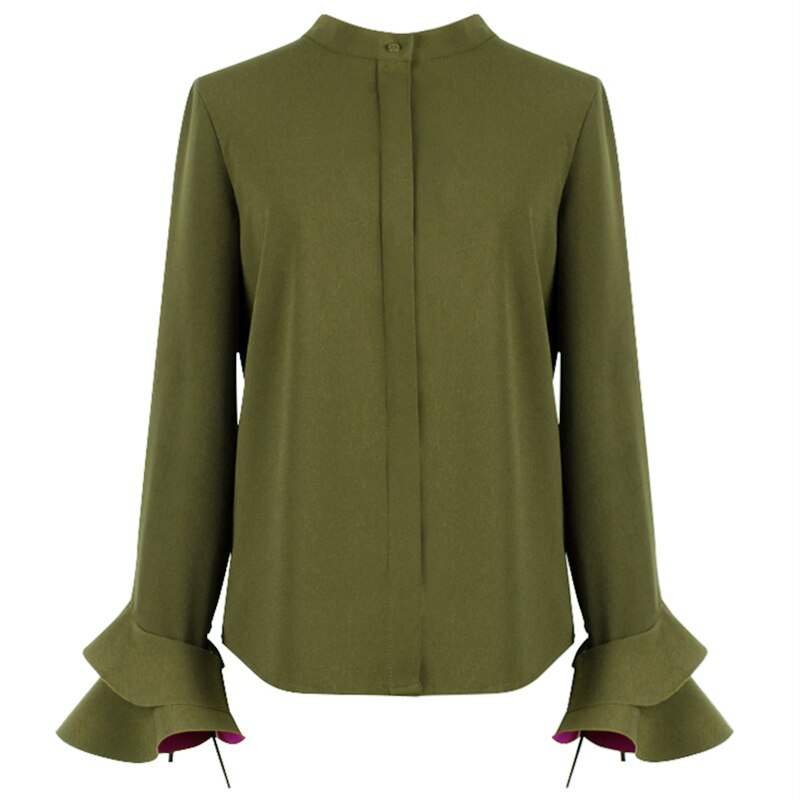 Vgh patchwork blouses voor dames ronde hals flare lange mouwen bandage hit kleur ruches shirts dameskleding herfst: Groen shirt / S
