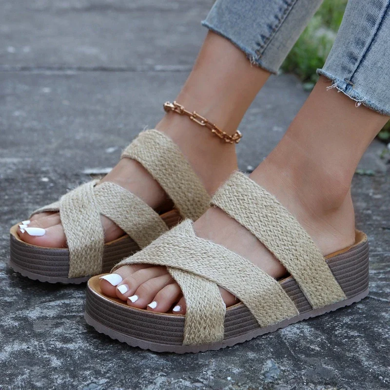 Sandalias planas de corcho para mujer, zapatillas de plataforma antideslizantes, zapatillas de exterior, sandalias para mujer