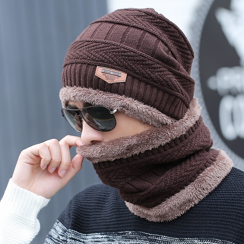 Bonnet et écharpe de ski en cuir pour homme et femme, 2 pièces, en tricot, et froid, pour l&#39;hiver