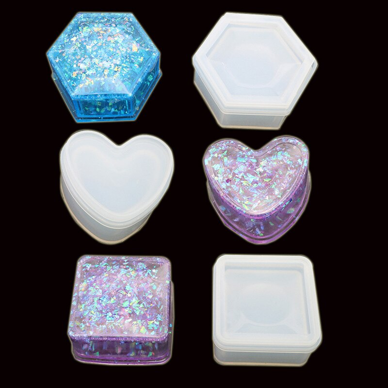 Doos Hars Mallen, Siliconen Hars Mallen 4 Stuks Doos Mallen Met Vierkante Hexagon Hart Vorm Bloem Epoxy Mallen