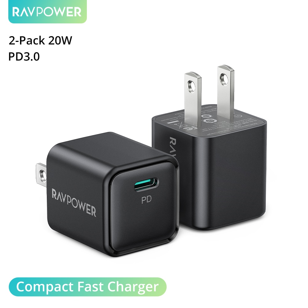RAVPower – chargeur rapide 20W, adaptateur de charge mural Type C PD 3.0, chargeur de voyage Portable pour ordinateur Portable Huawei iPhone 12 13 Pro, 2 paquets